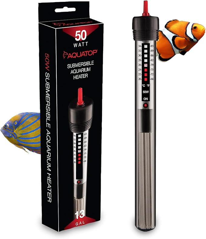 Aquatop 50W Aquarium Submersible Glass Heater – Adjustable Temperature 68-93°F – Fish Tanks Up to 13 Gal – for Freshwater & Saltwater Use – GH-50