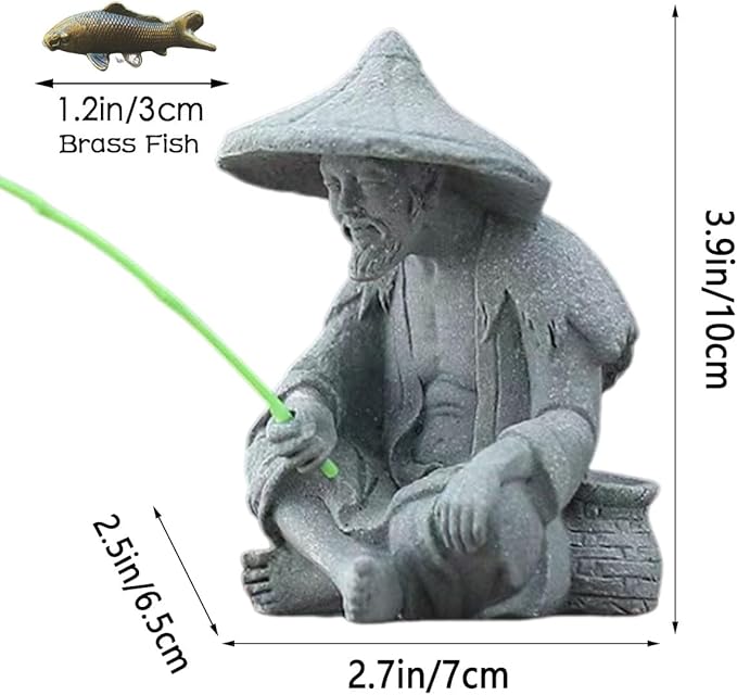 livelyfish Mini Fisherman Statue Asian Zen Decoration Sitting Fishing Figurines Sandstone Vintage Ornament for Aquarium Fish Tank Pot Garden Home Japanese Decor (C2)