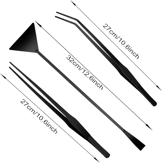 3Pcs Aquascaping Tools Kit, Long Stainless Steel Aquatic Plant Tweezers, Scrapers, Long Handle Feeder Tools for Fish Aquariums, Reptiles Snakes Lizard Gecko Spider and Bird (Black)