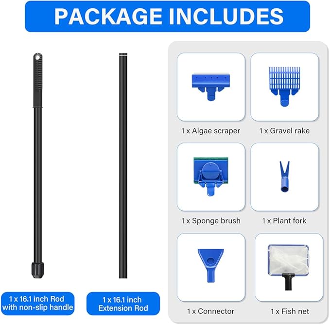 5 in 1 Fish Tank Cleaner Kit Aquarium Cleaning Tools with 22~32 Inch Extendable Non-Slip Handle Fish Tank Cleaner with Algae Scraper and Fish Net