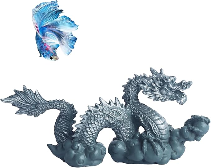 RUIAN Fish Tank Dragon Statue-Chinese Dragon Ornament for Aquarium Decor, Gray Blue Meditating Figurine Safe for Freshwater & Saltwater Tanks(Dragon)