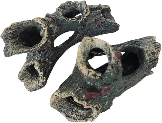 Decaying Trunk Aquarium Decoration, Betta Fish Driftwood Ornament, Small Resin Fish Tank Wood Cave Hideout Decor with Holes, Hollow Log Tree Trunk Freshwater Decors (2 Pack)