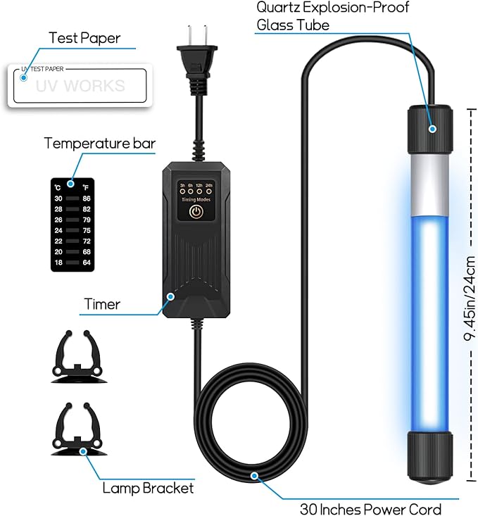 7W Timer UV Aquarium Clean Light for Algae Removal, Energy-Efficient LED Fish Tank Light with Waterproof Design for Pond and Aquarium