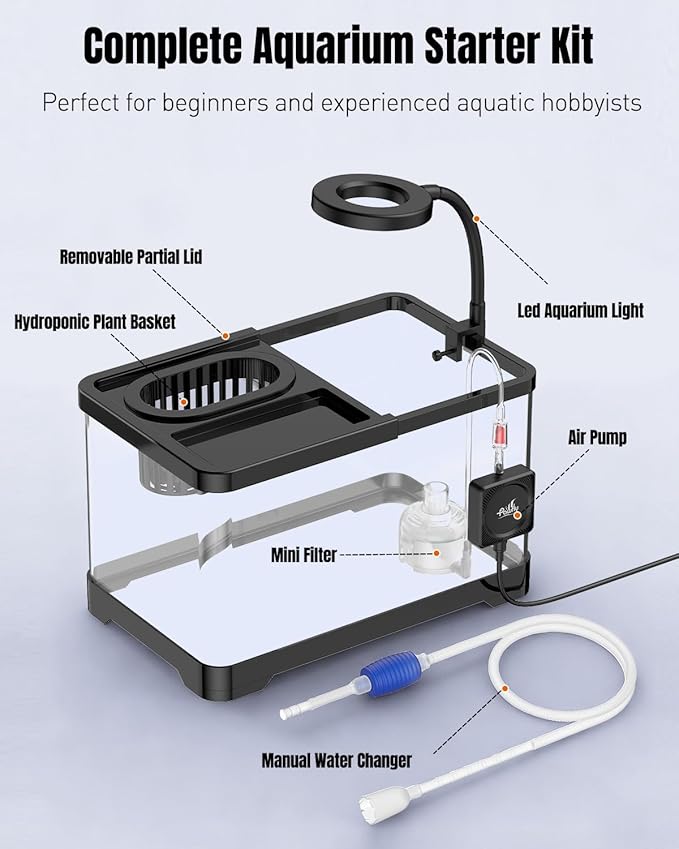 Pawfly 2 Gallon Fish Tank, Ultra Clear Aquarium Starter Kit with 6 W LED Aquarium Light, Mini Air Pump, Filter, Siphon Vacuum Water Changer & Basket, Small Fish Tank for Betta