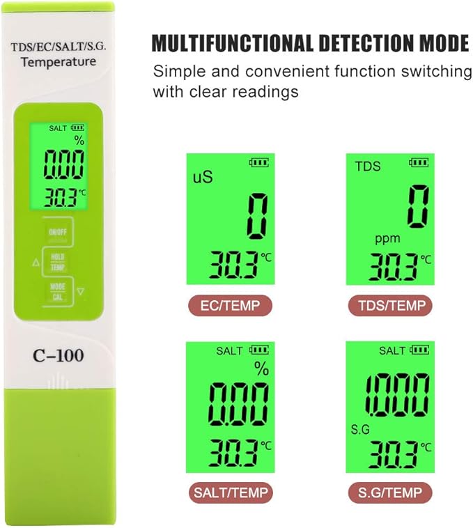 Digital Salinity Tester, 5-in-1 Multifunction Water Quality Meter for Saltwater Aquariums, Pools, and Koi Fish Ponds, Backlit Display