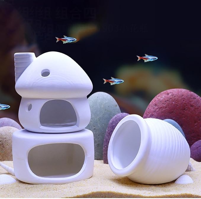 RUIAN Aquarium Mushroom House Decorations with Betta Fish Cave, Ceramic Cichlid Caves for Aquarium, Fish Tank Decoration, Syrian Hamster (White)