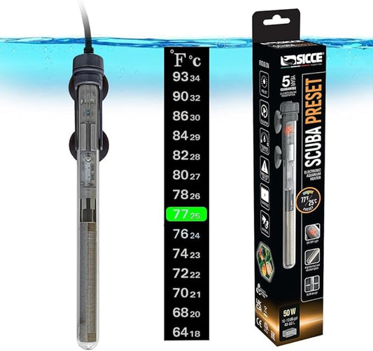 Sicce Scuba 50 Watt Aquarium Fish Tank Heater Preset at 77℉ for Up to 15 Gallons | 50W Submersible for Marine Saltwater and Freshwater | Run Dry Protection