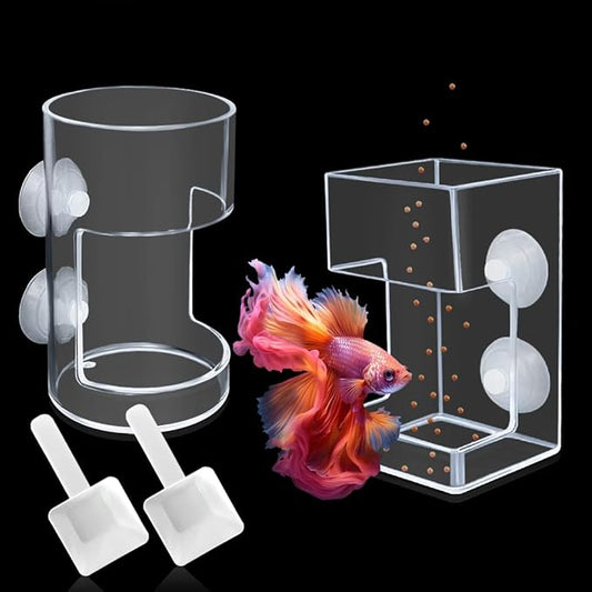 Automatic Fish Feeder for Aquarium Suction Cup, Acrylic Automatic Feeding Ring with 2 Spoons,Clear Turtle Shrimp Feeder for Fish Tank(Square+Round)