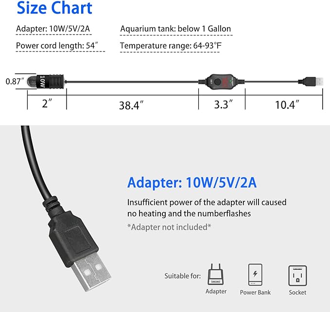 YOFOTHS Adjustable Mini Aquarium Heater 0.5/1/2/3 Gallon Submersible Small Fish Tank Heater 10W/20W/30W Digital Display Thermostat External Temperature Controller