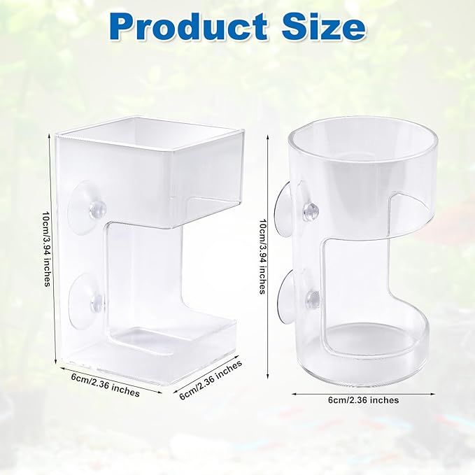2pcs Fish Feeder for Aquarium, Transparent Fish Tank Dish Tray with Suction Cup Floating & Sinking Food Container Holder Dispenser for Turtle Shrimp Feeding (Circle & Square)