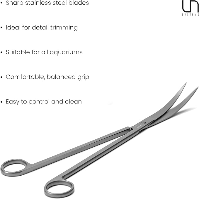 UNS Aquascaping Tools - Stainless Steel, Rust Resistant, Freshwater Planted Tank, Saltwater Reef Aquarium Maintenance Accessory - Trimming Stems & Carpets, Coral Cutting - Curved Scissors, Grey