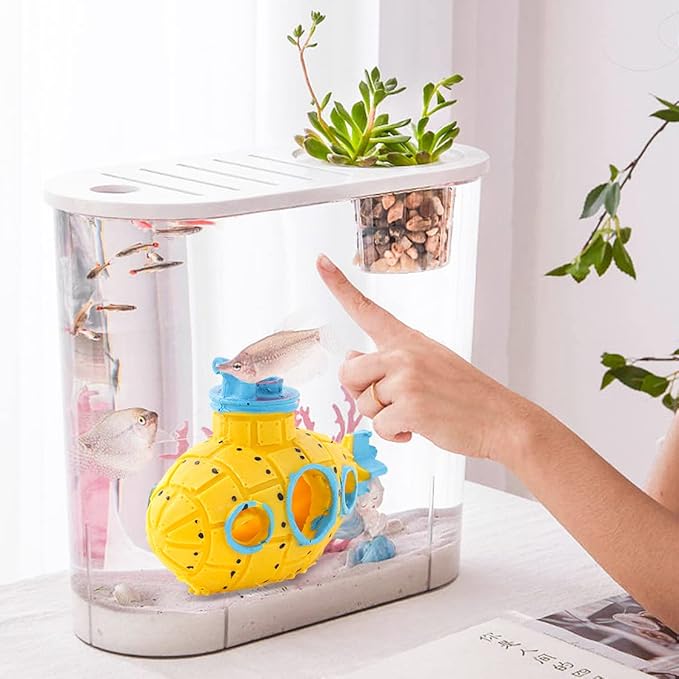 Resin Hollow Submarine Fish Tank Decorations Aquarium Shrimp Hideout Aquarium Ornament Hiding Cave Shelter for Shrimp Betta Lizards Hideaway Decor (Submarine Yellow)