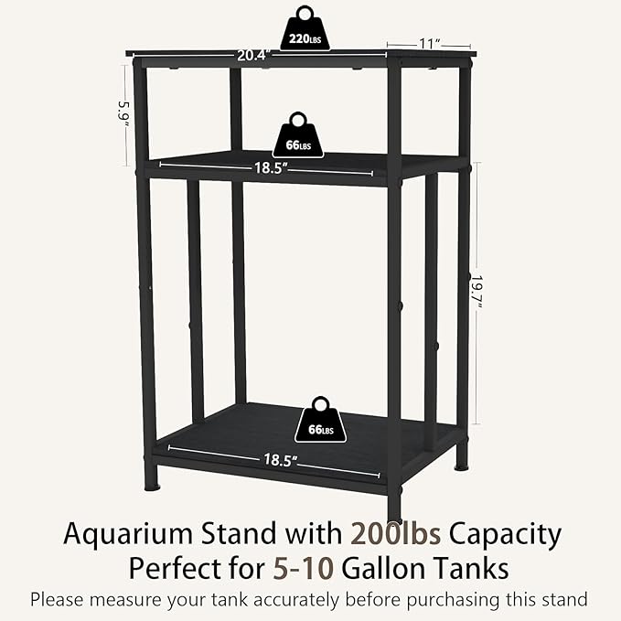 Fish Tank Stand, 3-Tier Aquarium Stand Reptile Tank Stand Heavy Duty Terrarium Stand for Home Office, Black, 5-10 Gallon