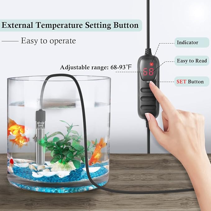 HITOP Mini Submersible Aquarium Heater -50W Digital Heater for Fish Tank Turtle Tank, for Saltwater and Fresh Water with Temperature Controller