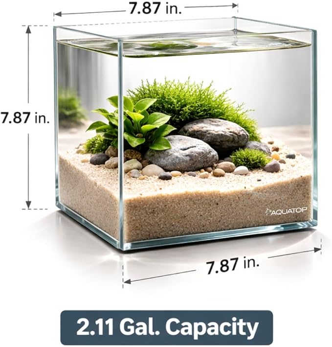 Aquatop High Clarity Low Iron Glass Cube Aquarium, 2.11-Gal – 5mm Thick Glass – Slim Design – Fresh & Saltwater – Desktop Tank with Silicone Sealing