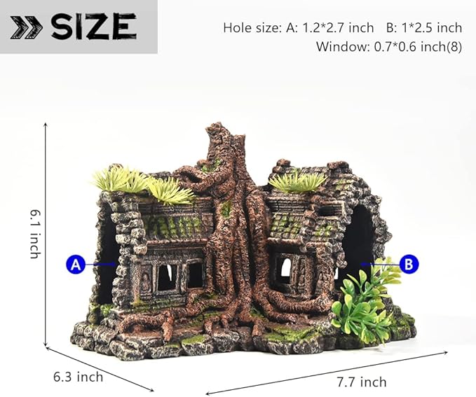 Aquarium Decorations Large Fish Tank Ornament Reptile House Shelter Decor Aquarium Hides with Betta Cave Temple Ruins Tree House Aquarium Landscape Decoration