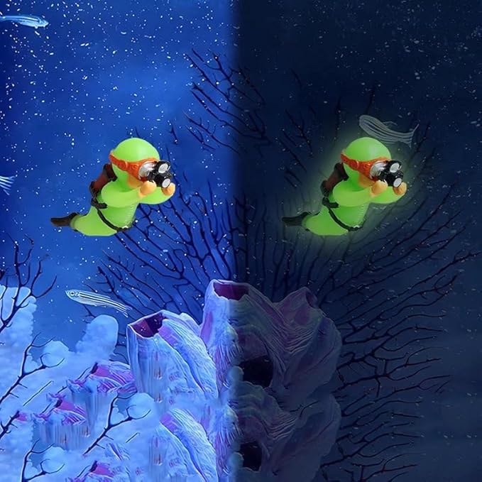 2-Pack Glow in Dark Tank Decorations, Cute Little Diver, Aquarium Decoration Accessories Ornaments with Float Ball, for Tanks (White& Green)