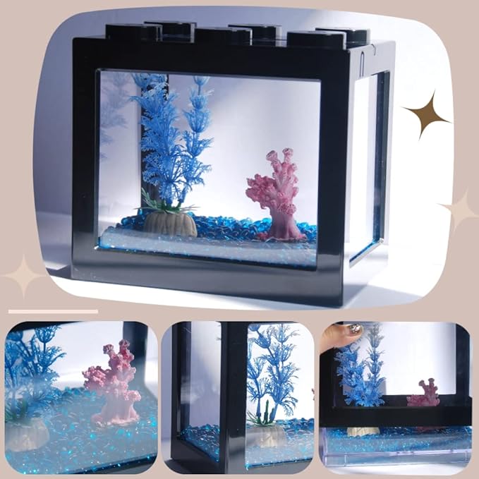 Small Betta Fish Tank, Stackable Mini Fish Tank Aquarium Tank Kit, 3/5 Gallon Rectangular Fish Bowl with Aquarium Gravel Decoration, Tiny Cube Tank for Seaweed Balls Sea Monkeys
