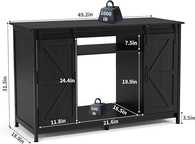 VOWNER Farmhouse 55-75 Gallon Fish Tank Stand with Power Outlet, Aquarium Stand with Storage Cabinet and Sliding Barn Door, Heavy Duty Reptile Tank Stand, for 2 Tanks, 1000LBS Capacity, Black