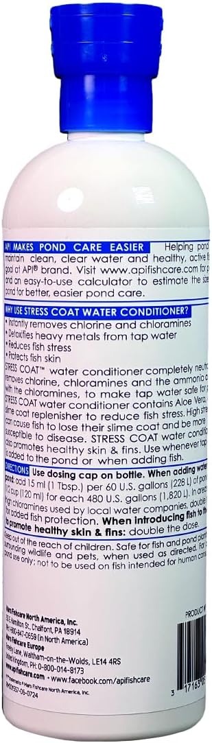 API POND STRESS COAT (16 fl oz) Pond Water Conditioner - Quickly Makes Tap Water Safe for Fish & Plants - Up to 1920 Gallons - Removes Chlorine, Ammonia & More - Natural Aloe Vera