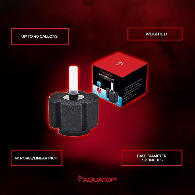 Aquatop Internal Sponge Filter – for Aquariums Up to 40 Gallons – Compatible with Air Pumps or Powerheads – Mechanical & Biological Filtration