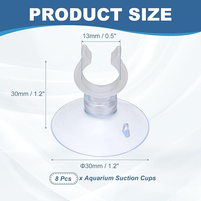 Aquarium Suction Cups, Fish Tank Suction Cups Clips Airline Tube Holders Clamps (Plastic, 8Pcs, Clear) for 0.5" Fish Tank Airline Tubing Binding Moss Shrimp Nest, 13x30MM