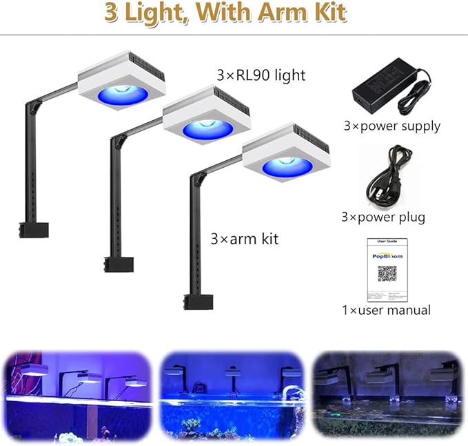 PopBloom 3PCS RL90 Led Aquarium Light for Coral Reef Smart-APP Control Reef Led Light Aquarium Marine Lighting Fish Tank Light for 150CM Saltwater Aquarium(3 Light with Arm Mount Kit)