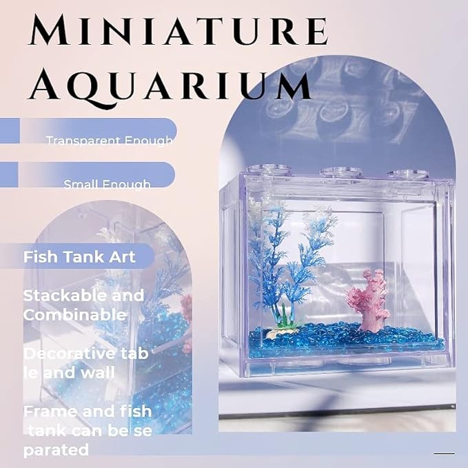Small Betta Fish Tank, Stackable Mini Fish Tank Aquarium Tank Kit, 3/5 Gallon Rectangular Fish Bowl with Aquarium Gravel Decoration, Tiny Cube Tank for Seaweed Balls Sea Monkeys