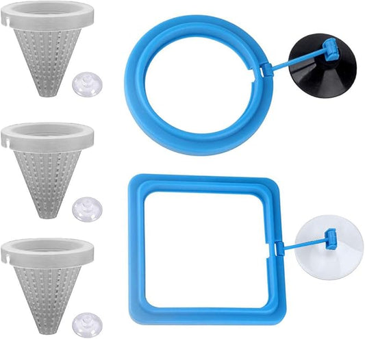 5Pcs Round Square Cone Fish Feeder Set, Floating Food Feeding Ring, Live Red Worm Feeder Funnel Plate, with Suction Cups