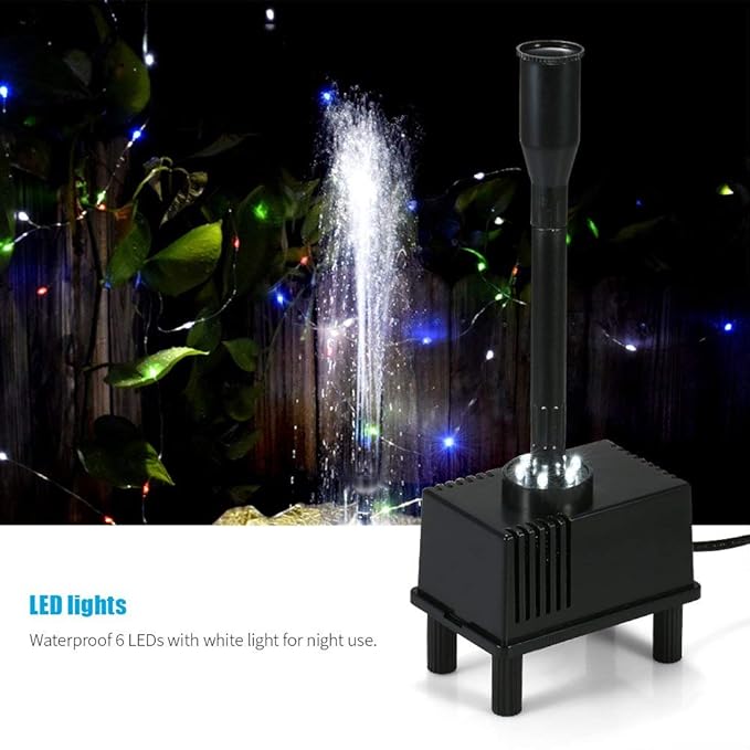 Decdeal Fountain Pump with Lights Led, 10W 160GPH Submersible Water Pump Fountain for Aquarium Fish Tank Pond Garden Backyard, 600L/H AC 110V