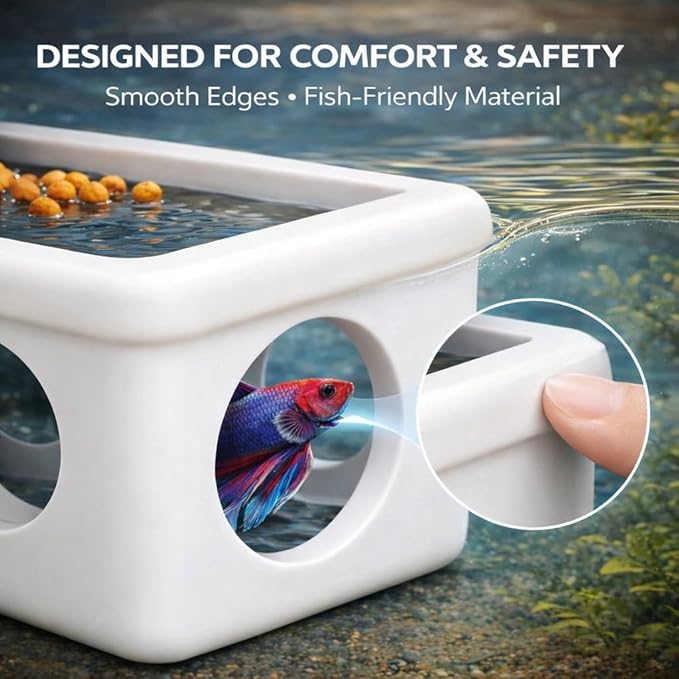 White Floating Betta Hideout with Round Side Holes – 3D Floating Breeding Box & Resting Cave with Window – Feeding Platform, Fish Shelter & Hammock for Betta, Guppies, Nano Tanks & Small Aquariums
