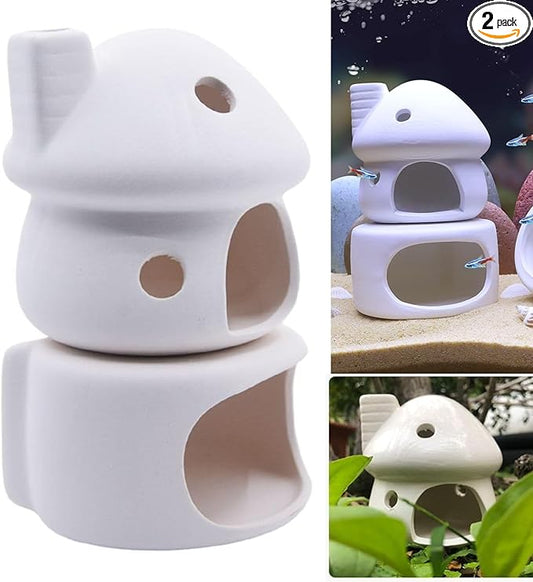 RUIAN Aquarium Mushroom House Decorations with Betta Fish Cave, Ceramic Cichlid Caves for Aquarium, Fish Tank Decoration, Syrian Hamster (White)
