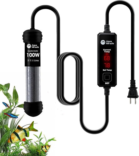 AquaMiracle 100W Small Aquarium Heater Fish Heater, Super Mini Fish Tank Heater Turtle Tank Heater for 10-20 Gal Tanks, with Dual LED Display, Dry-Run/Overheating Protection & Memory Function