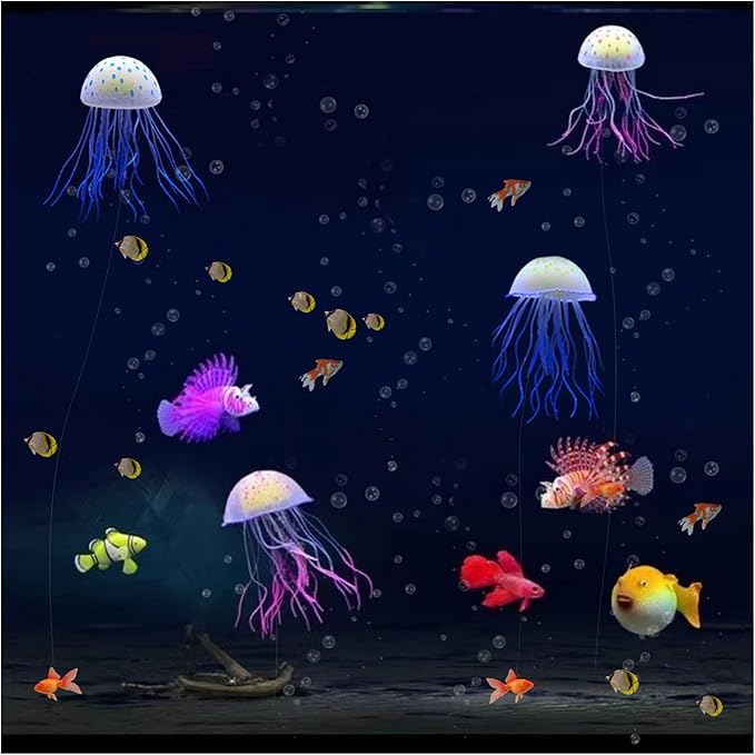WishLotus Aquarium Jellyfish Decoration, Soft Silicone Glowing Aquarium Decorations Fluorescent Jellyfish with Suction Cup New Upgraded Simulation Aquarium Decor for Various Fish Tank (A, Blue)