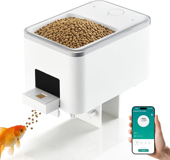Automatic Fish Feeder for Aquarium, Moisture-Proof Adjustable Food Dispenser, APP Control with Timer, Four Precision Feed Funnels USB Powered Suitable for Small Tank Pelleted Food Black
