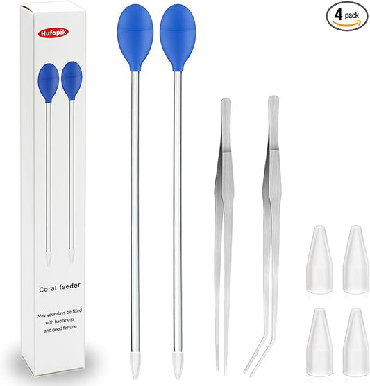 2 Pcs 18.5 in Long Pipette with 2 Pc Stainless Steel Feeding Long Tweezers for Fish Tank Coral Food Feeder Long Syringe Aquarium Coral Feeding Tube for Marine Fish Reef Aquatic Plant