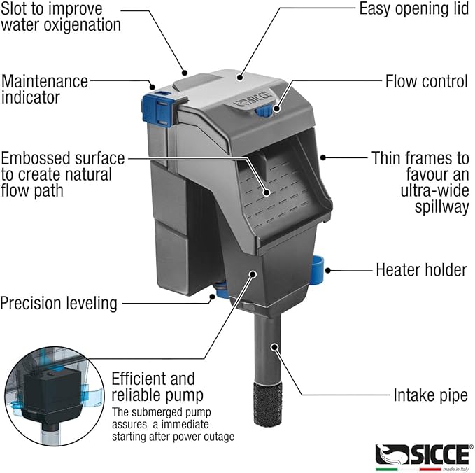 Sicce Aqua Filtra 20 Hang On Back Aquarium Fish Tank Power Filter Up to 20 Gallon Aquariums - Quiet 3-Stage HOB for Freshwater & Saltwater
