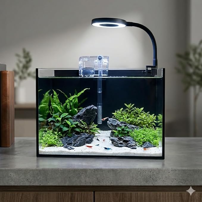 Nano Aquarium Kit 2.2 Gallon, Rimless Glass Betta Fish Tank with Filter & LED Light, 12" x 6" x 8" Small Desktop Fish Tank for Home Office (Black, Complete)