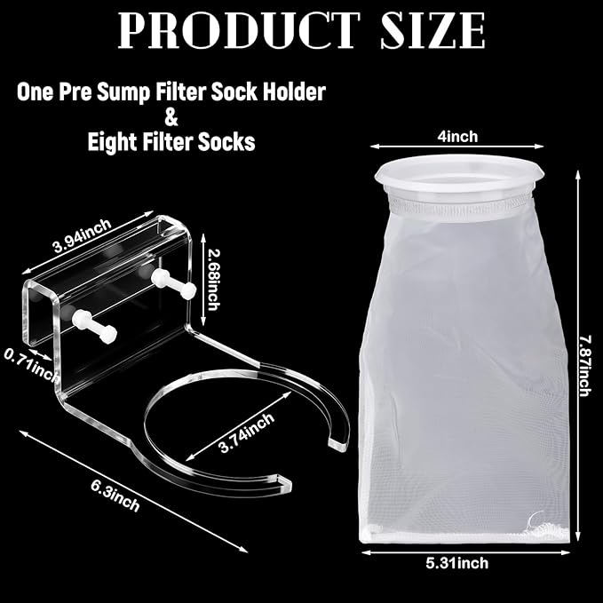 8 Pcs 4 Inch Ring Filter Sock 200um Micro Aquarium Nylon Filter Bags and 1 Pcs 4" Acrylic Pre Sump Sock Holder Aquarium Socks for Tank Sump Saltwater Freshwater