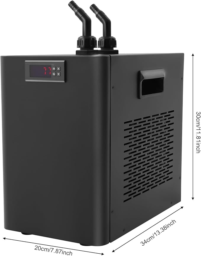 Aquarium Chiller, 42.27gal 7.87x13.39x11.81in Aquarium Cooling Machine, 1/10HP Water Chiller for Hydroponics System with Compressor Refrigeration, 32-122℉ Adjustable Temperature, 50dB, Black