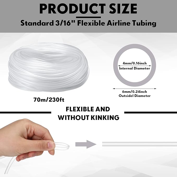 Zhengmy 230 ft Standard Size Airline Tubing for Fish Tank Clear and Flexible Aquarium Air Pump Accessories 3/16'' Tubing for Fish Tank Air Pump, Aquariums, Terrariums