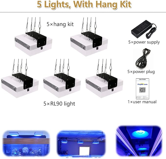 PopBloom 5PCS RL90 Led Aquarium Light for Coral Reef, Smart-APP Control Reef Led Light Aquarium Marine Lighting Fish Tank Light for 240-300CM Saltwater SPS/LPS Reef Aquarium(5 Light with Hang Kit)