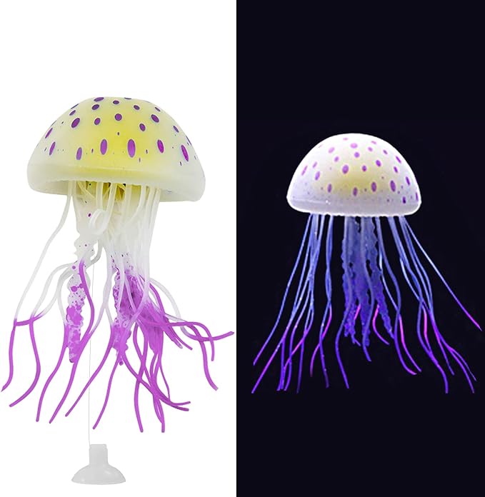 WishLotus Aquarium Jellyfish Decoration, Soft Silicone Glowing Aquarium Decorations Fluorescent Jellyfish with Suction Cup New Upgraded Simulation Aquarium Decor for Various Fish Tank (A, Purple)