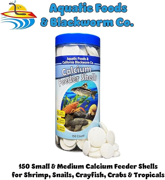 Calcium Feeding Shells, Small & Medium for Shrimp, Snails, Crabs, Crayfish, Plecos, Catfish, All Tropical Fish, 4-Type Wafer & 12-Type Pellet Mix Included 150 Count Canister