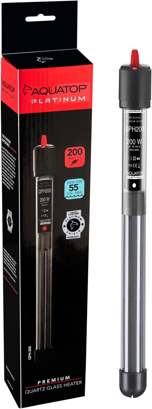 Aquatop 200W Quartz Platinum Heater - Fully Submersible for 40-60 Gallons Fish Tanks, 68-93F Adjustable Temperature Range, Fresh & Saltwater Use, Shatter Resistant Aquarium Heaters, QPH-200