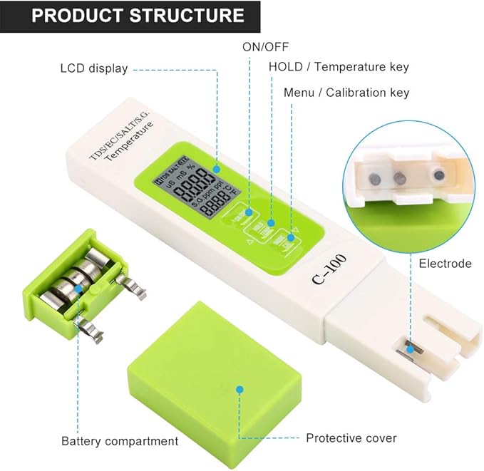 Digital Salinity Tester, 5-in-1 Multifunction Water Quality Meter for Saltwater Aquariums, Pools, and Koi Fish Ponds, Backlit Display
