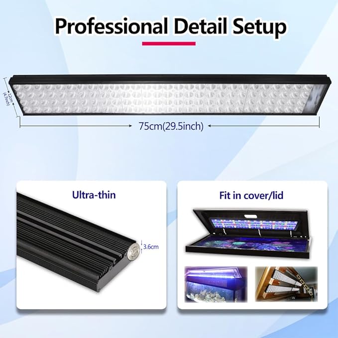 PopBloom H75 WiFi 2PCS Reef Marine LED Light for 180cm 6ft 72inch Saltwater Coral Reef Marine Aquarium Fish Tank, Full Spectrum Programmable 4 Channels, Sunrise Sunset, Lunar Cycle