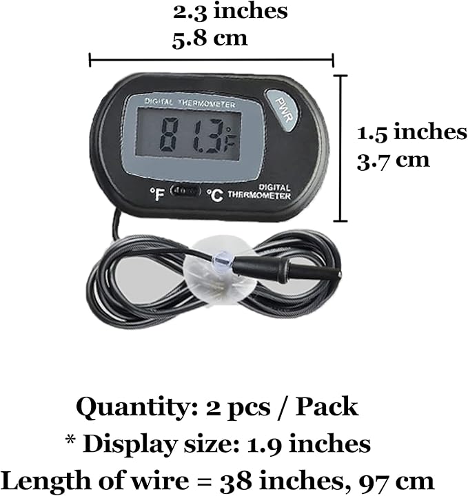 SunGrow Digital Betta Thermometer for Tropical Aquarium Fish, Black Color, 4 Suction Cups and 2 Batteries Included, 2 pcs per Pack