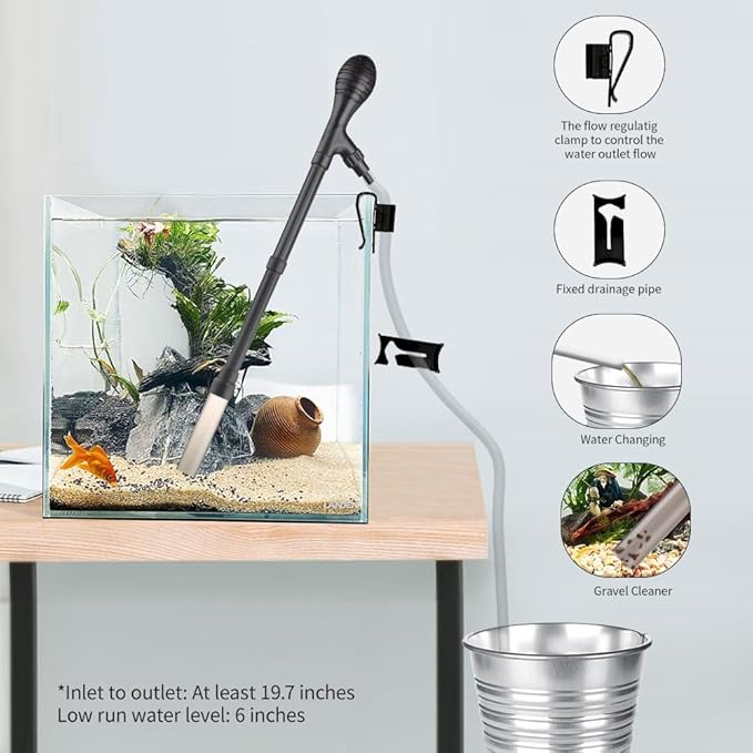 Small Gravel Vacuum for Aquarium, Adjustable Length Manual 80GPH Aquarium Gravel Cleaners, Low Water Level Fish Tank Water Changer with Suction Ball, Use for Fish Tank Cleaning Gravel and Sand