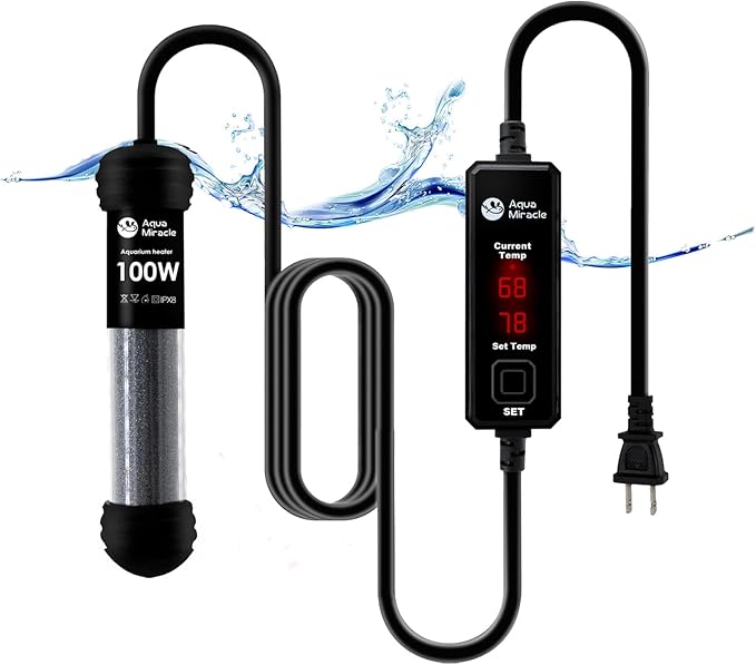 AquaMiracle Upgraded 100W Small Aquarium Heater Fish Tank Heater Turtle Heater Super Mini Aquarium Heater, Dry-Run/Overheating Protection and Memory Function, Dual LED Display, for 10-20 Gal Tanks